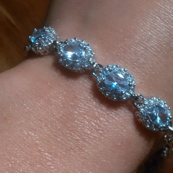 Simulated Blue and White Diamond Silvertone Brass Bracelet - Picture 1 of 15